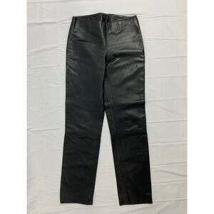 Black Italian Leather Straight Leg Side Zip Mid Rise Flat Front Leather Pants 4